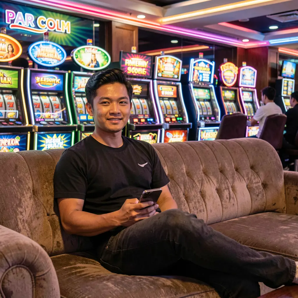 Confident Malaysian man relaxing on a sofa while using the ONG66 casino app surrounded by colorful slot machines and neon casino lights