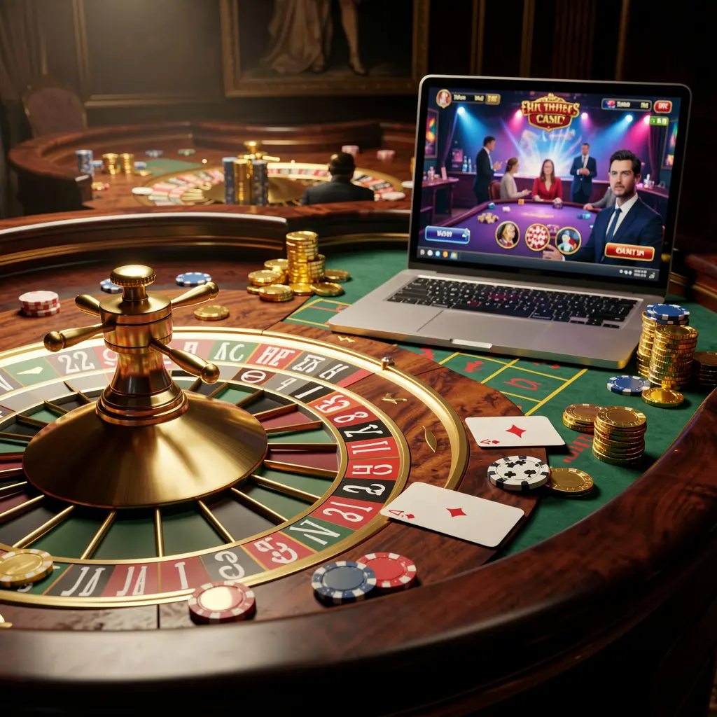 Close-up view of a live roulette wheel and casino chips on a laptop screen representing the thrilling live casino experience at ONG66 for Malaysian players
