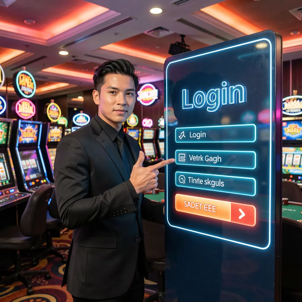 Elegant casino host in a black suit pointing at a high tech login screen inside a luxury gaming environment at ONG66 Malaysia