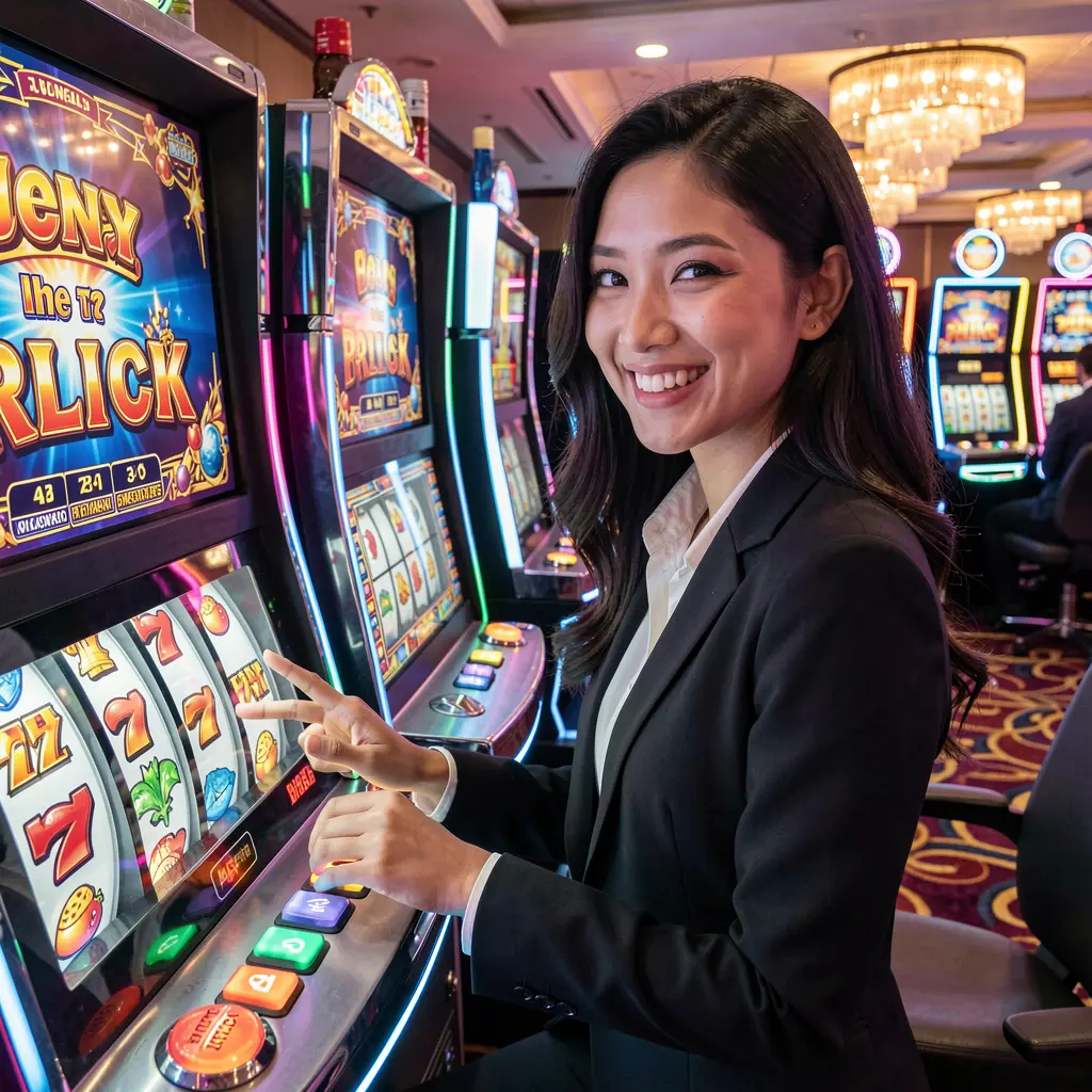 Joyful Malaysian player pressing a slot machine button with glowing reels and neon lights inside the immersive ONG66 online casino environment